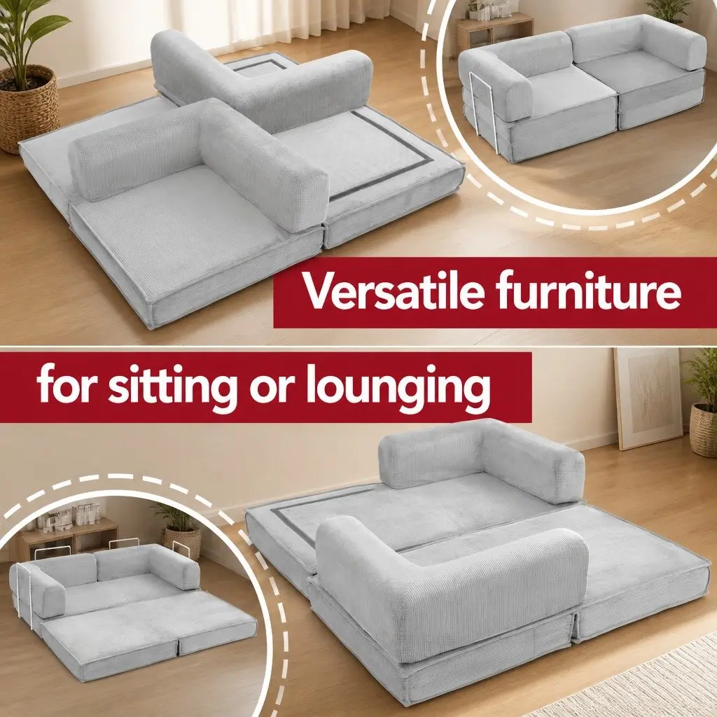 Convertible Folding Sofa Bed Grey 2-Seater Sleeper Couch Steel Frame