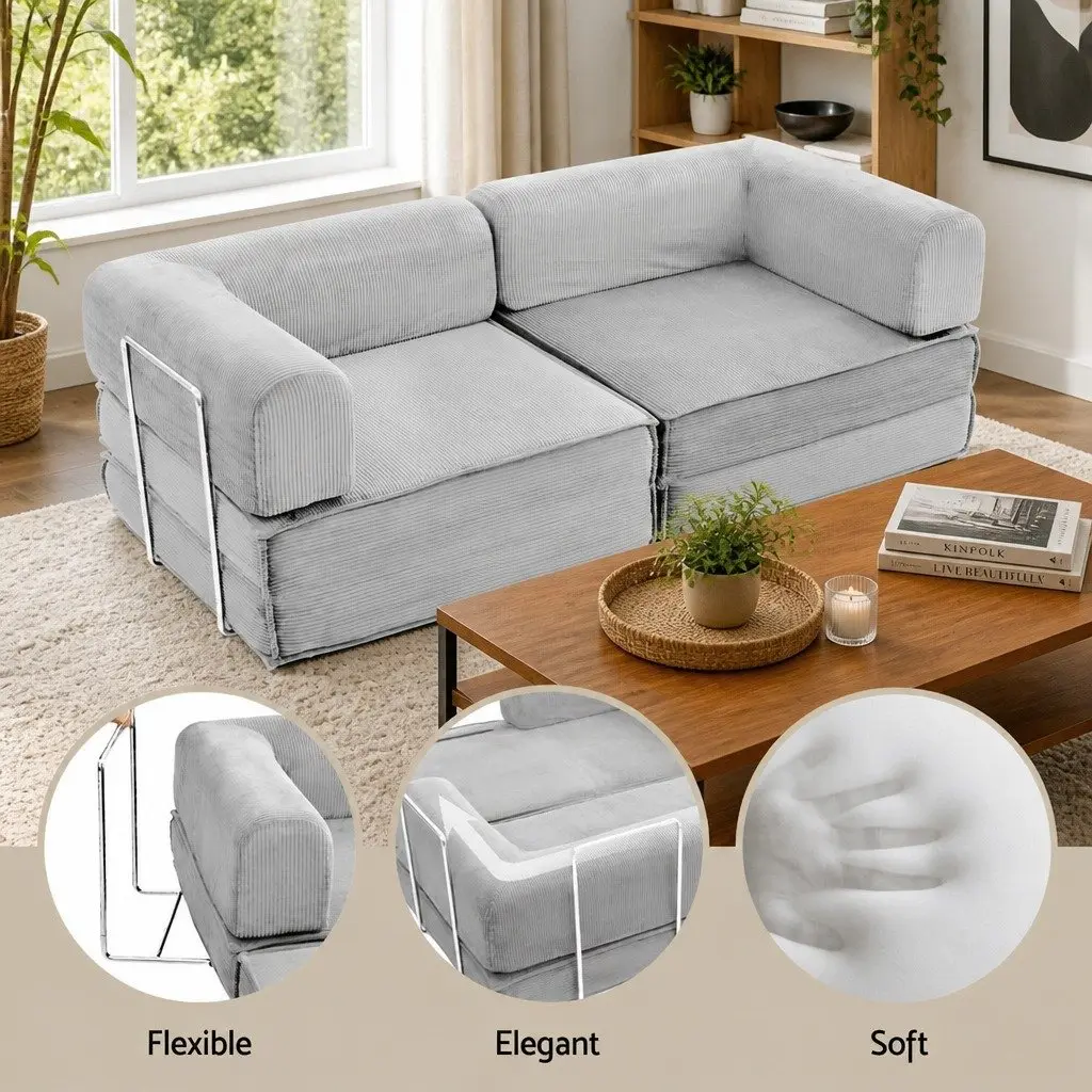 Convertible Folding Sofa Bed Grey 2-Seater Sleeper Couch Steel Frame