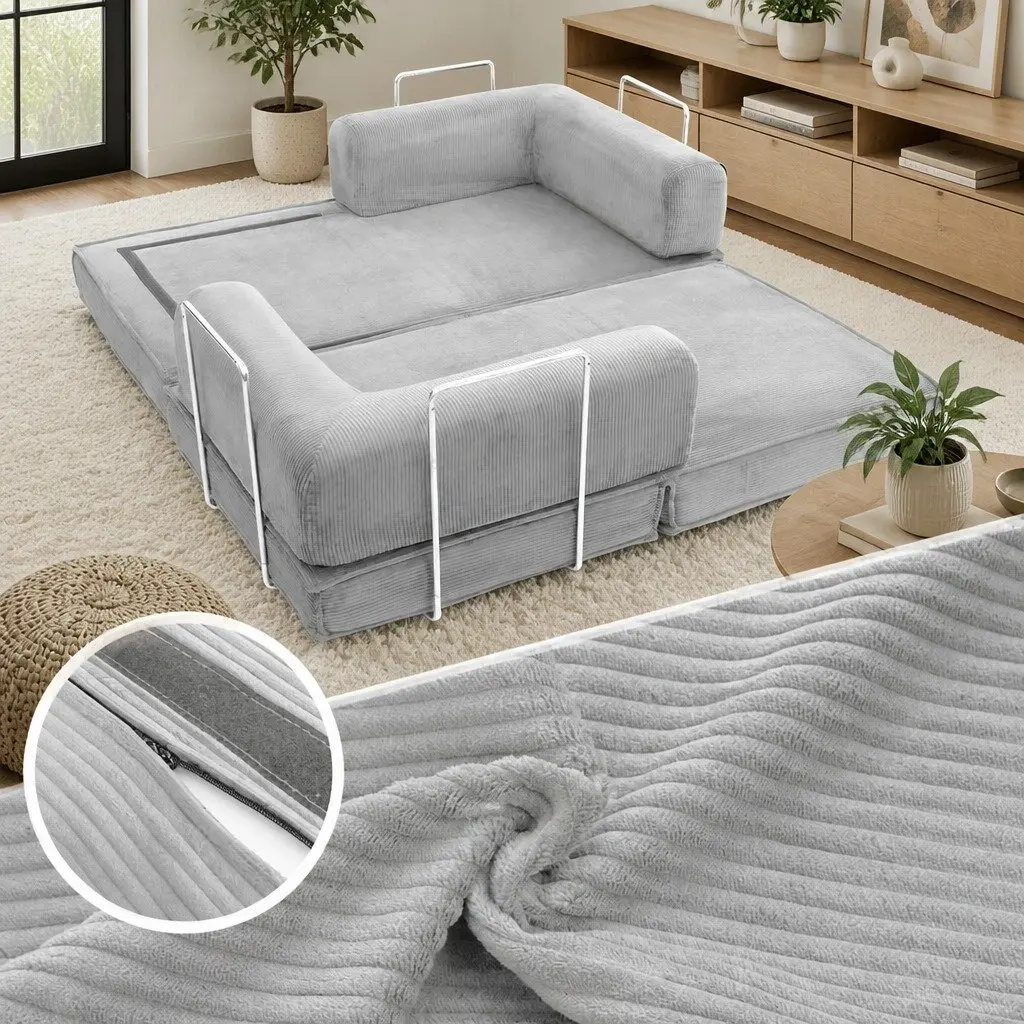 Convertible Folding Sofa Bed Grey 2-Seater Sleeper Couch Steel Frame