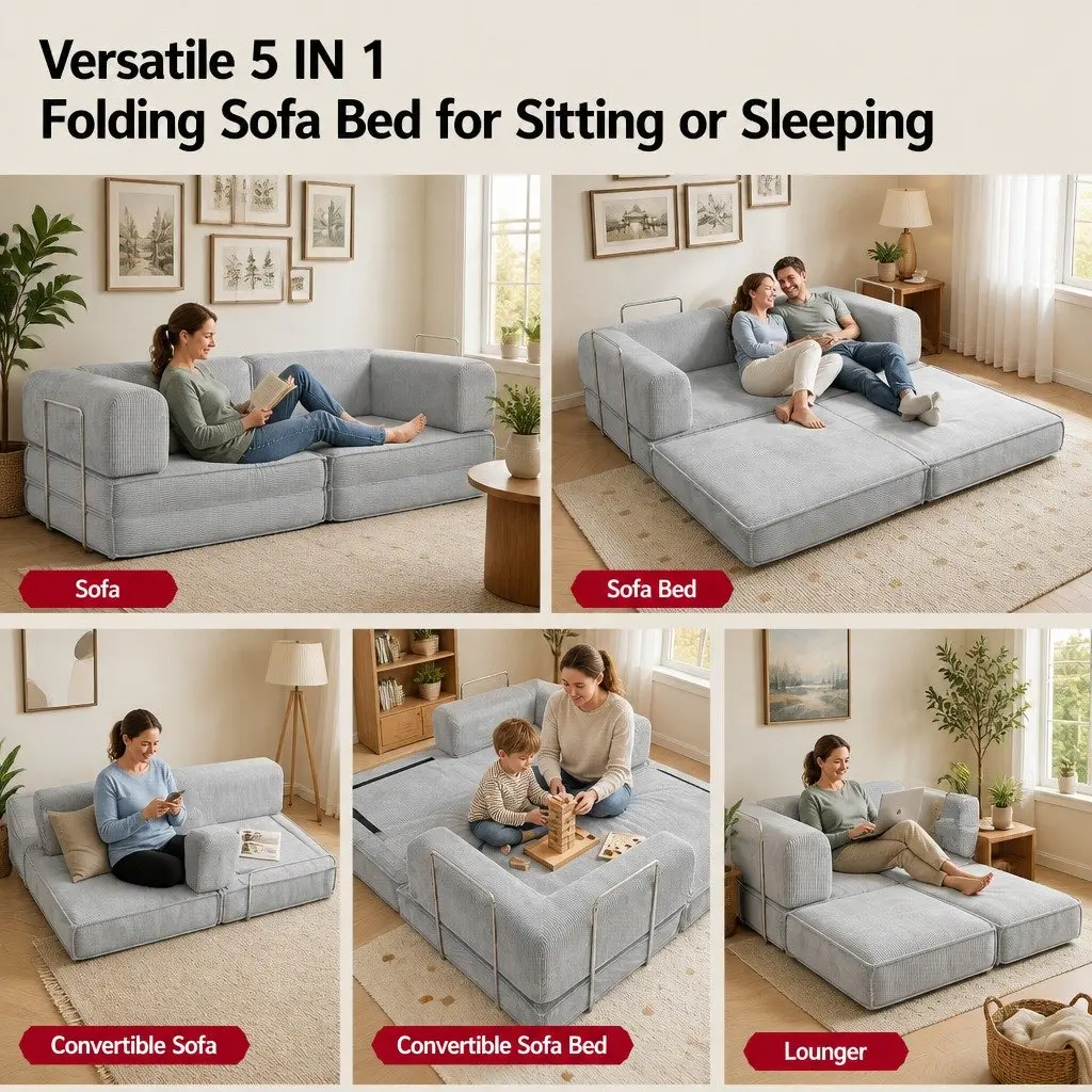 Convertible Folding Sofa Bed Grey 2-Seater Sleeper Couch Steel Frame