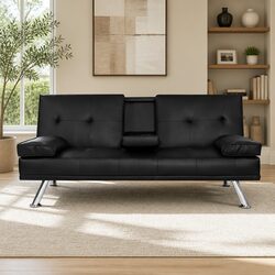 Durable 3-Seater Sofa Bed, 168CM Black PU Leather