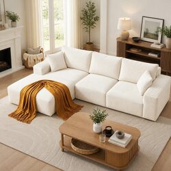 Stylish 3-Seater L-Shaped Sofa Bed in White Corduroy