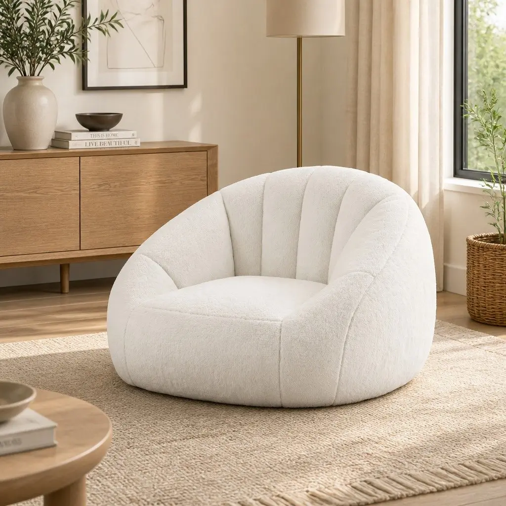 Shell-Shaped Floor Lounge Chair Ergonomic Comfort White Faux Fur