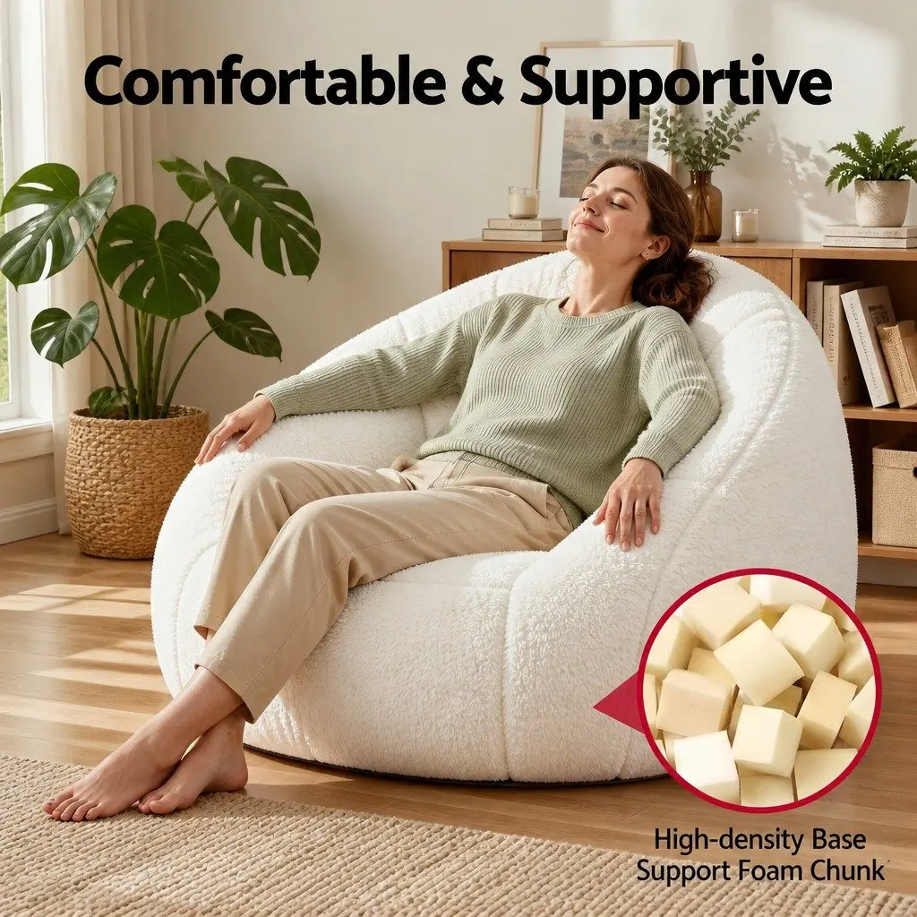 Shell-Shaped Floor Lounge Chair Ergonomic Comfort White Faux Fur