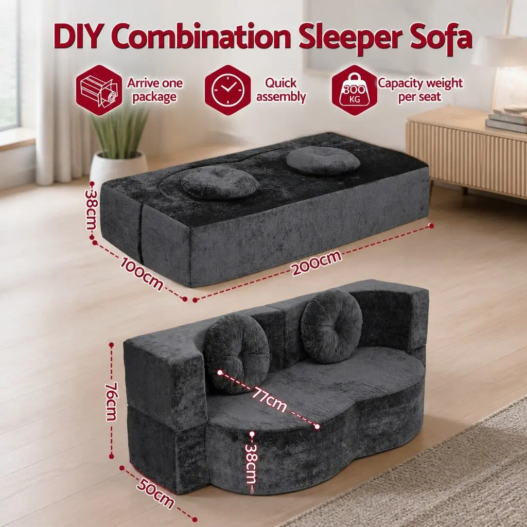 2 in 1 Convertible Sofa Bed Folding Loveseat Sleeper Couch Grey Living Room