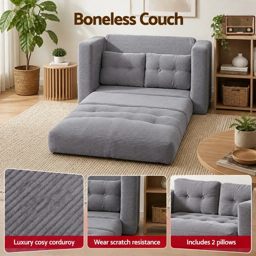2 Seater Convertible Pull Out Sofa Bed Corduroy Boneless Couch Grey Sleeper