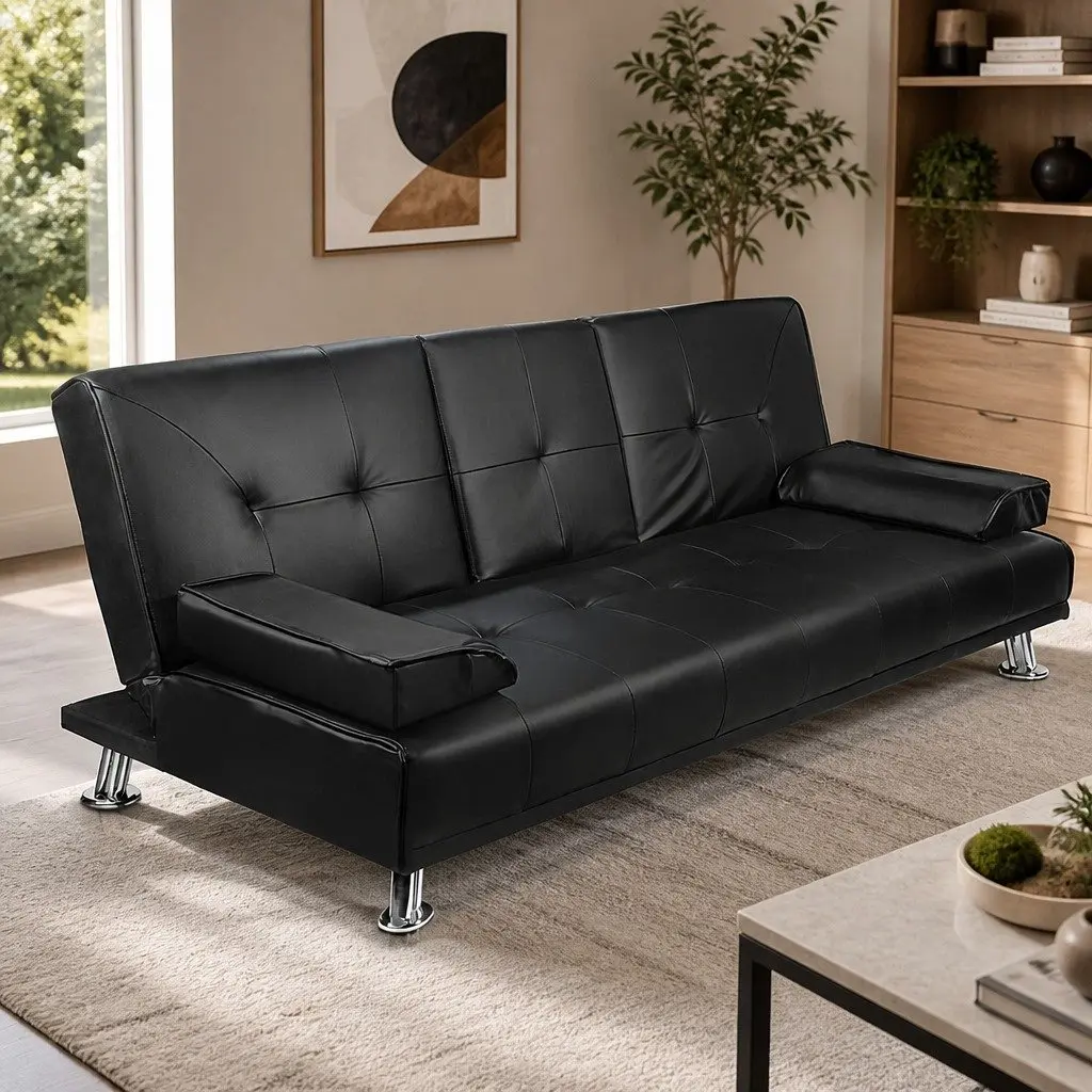 Convertible Sofa Bed Adjustable Recliner Black Faux Leather Three Seater with Cup Holders