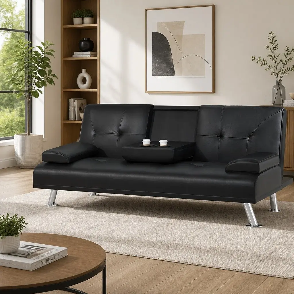 Convertible Sofa Bed Adjustable Recliner Black Faux Leather Three Seater with Cup Holders