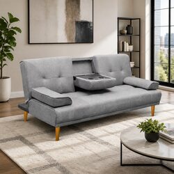 3-Seater Sofa Bed - 188cm Grey Faux Linen with Adjustable Backrest
