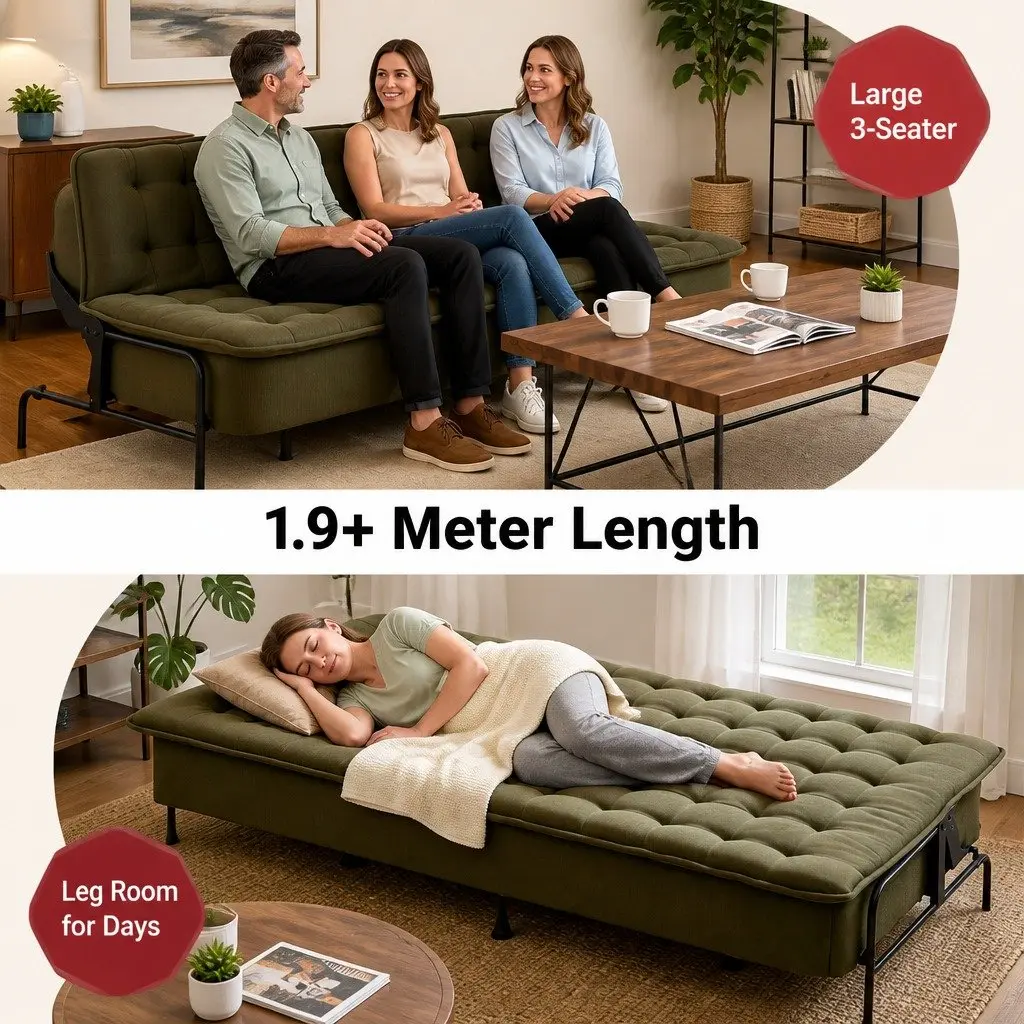 Sofa Bed Adjustable Innerspring Couch 3-Seater Olive Green