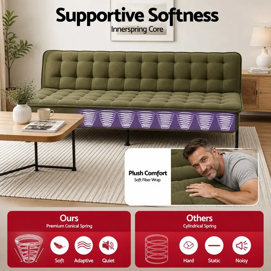 Sofa Bed Adjustable Innerspring Couch 3-Seater Olive Green