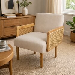 Rattan Armchair with Cushioned Linen Seat and Rubberwood Frame