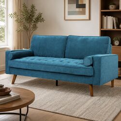3 Seater Lounge Sofa in Blue Linen Style with Cushions