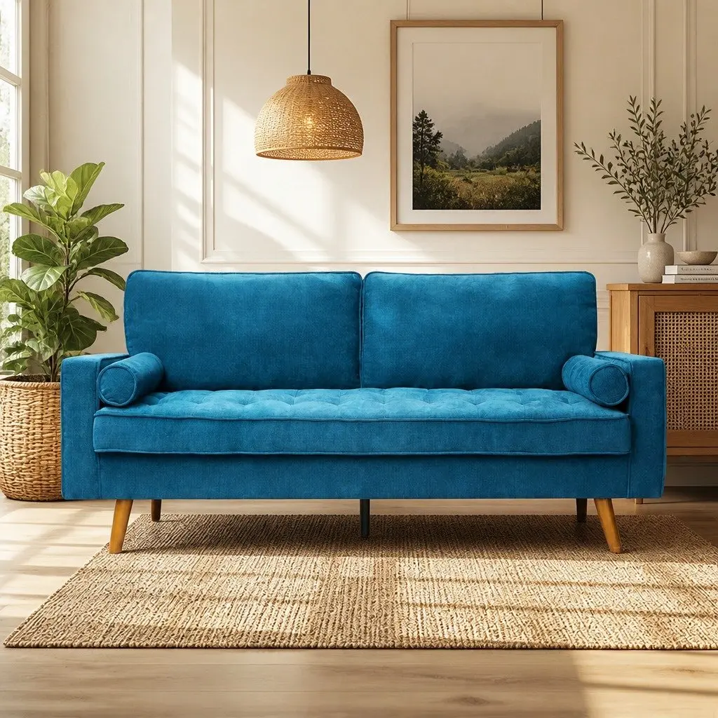 3 Seater Fabric Sofa Armchair Lounge Couch 191cm Wide Blue Linen Style