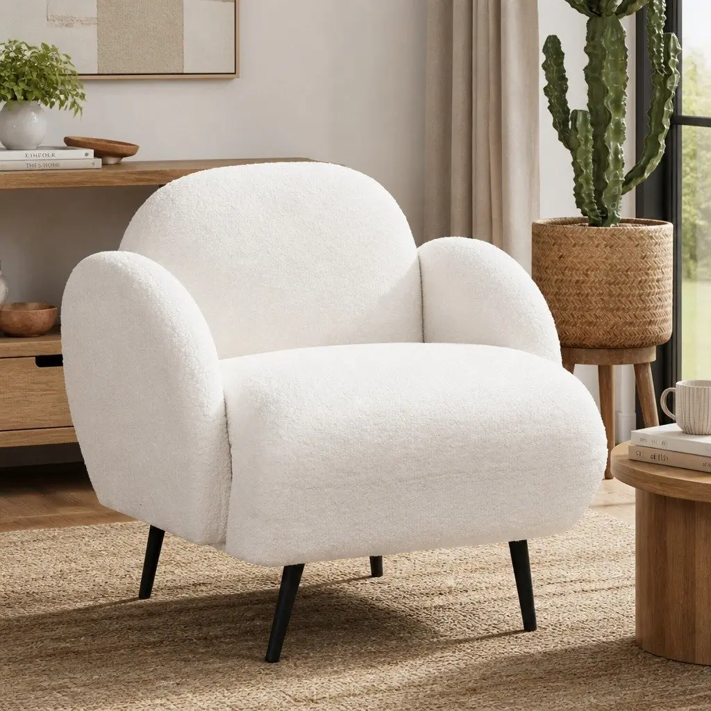 Single Sofa Chair Fleece Upholstered White Comfort 73cm W 80cm D 74cm H