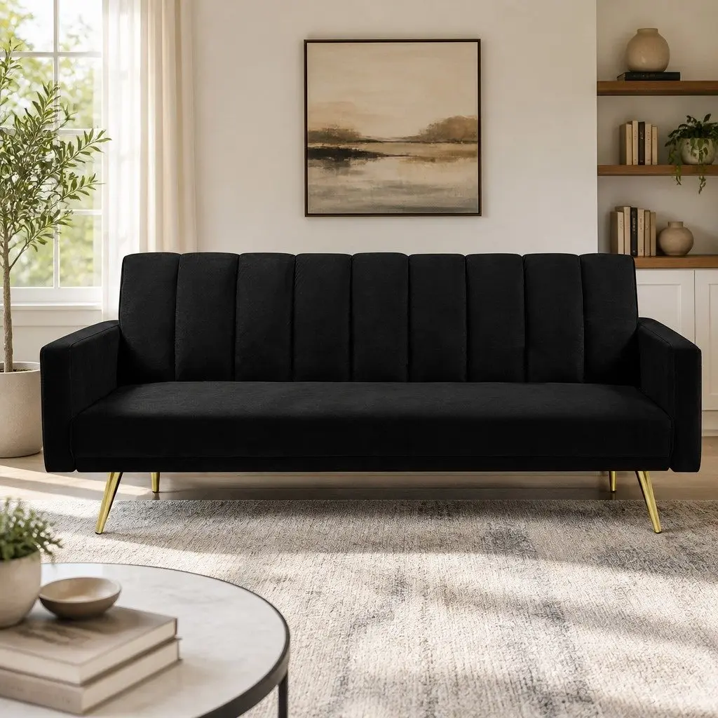 3 Seater Convertible Sofa Bed Adjustable Backrest Black Velvet
