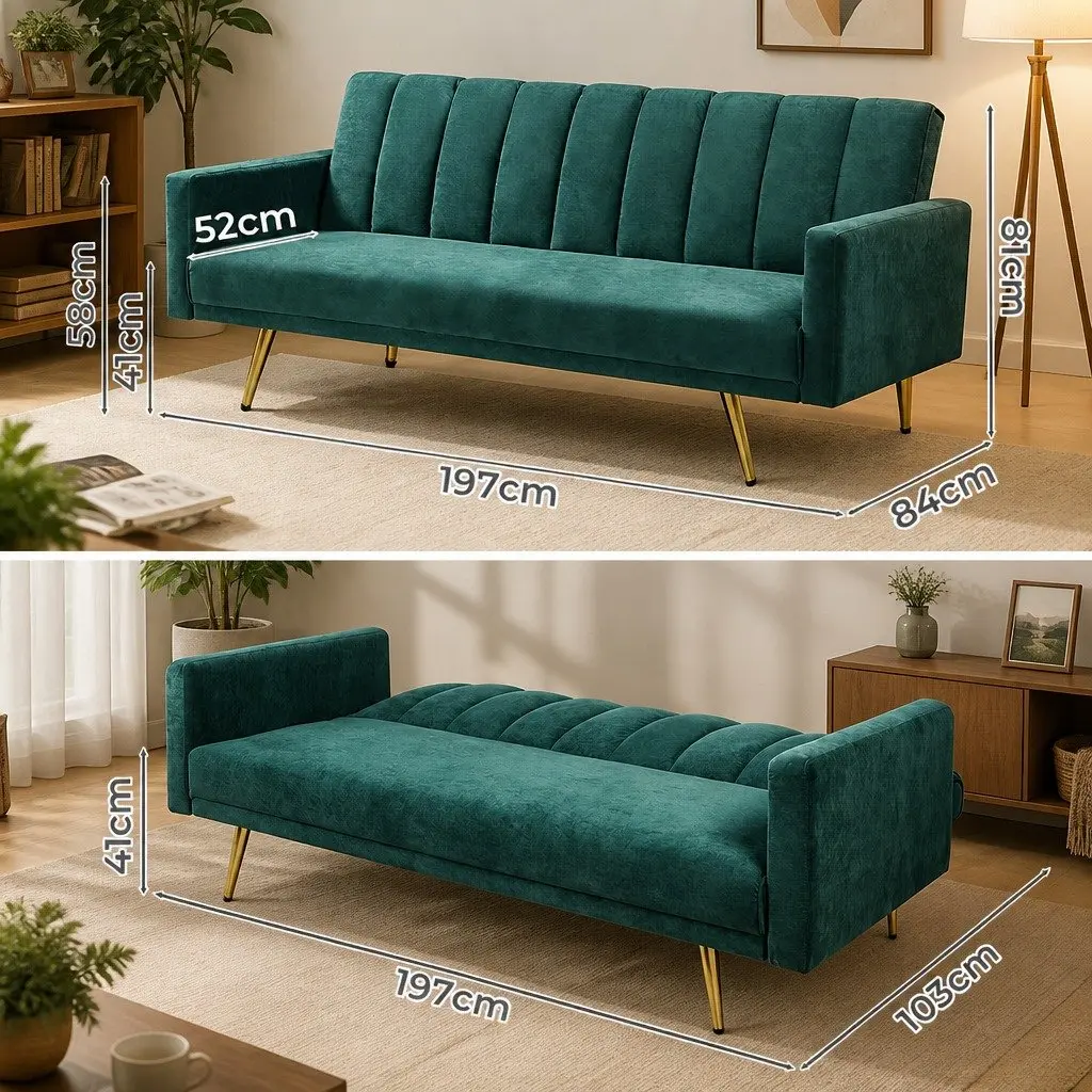 Convertible Sofa Bed with Adjustable Backrest 3 Seater Green