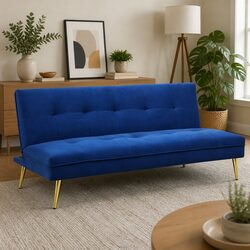 3 Seater Sofa Bed in Deep Blue Velvet with Solid Wood Frame