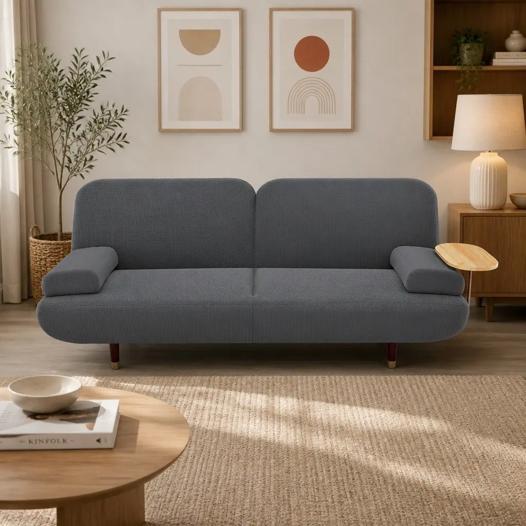 Convertible Sofa Bed Grey 3-Seater Corduroy Fabric Adjustable Backrest with USB Charging Side Table