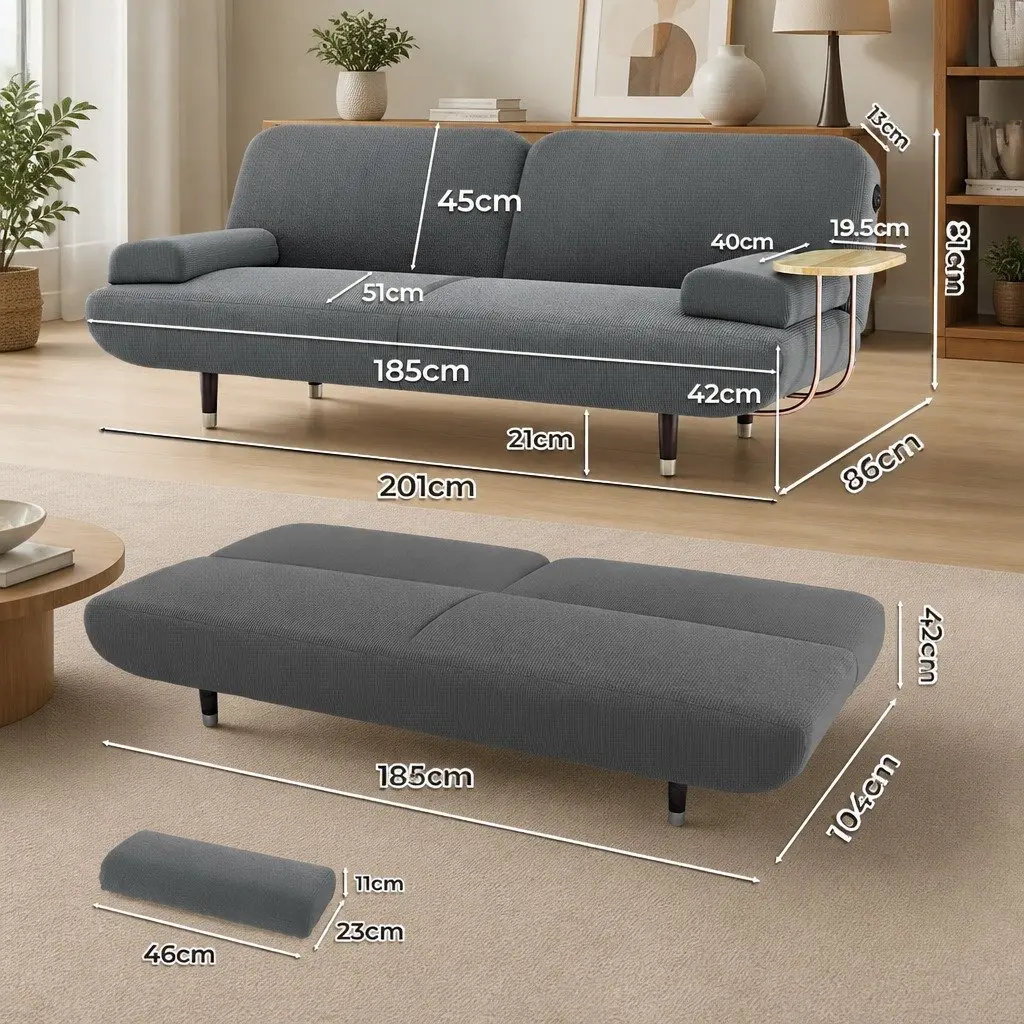 Convertible Sofa Bed Grey 3-Seater Corduroy Fabric Adjustable Backrest with USB Charging Side Table