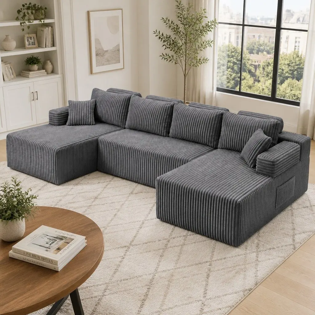 Modular Sectional Sofa Lounge U Shaped Corduroy Cloud Couch Grey Convertible