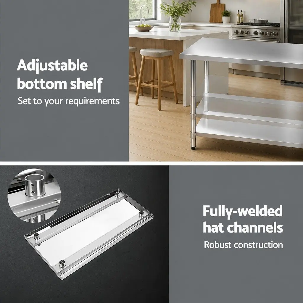 Stainless Steel Kitchen Work Bench Adjustable 1219x610mm Heavy-duty Commercial Food Prep