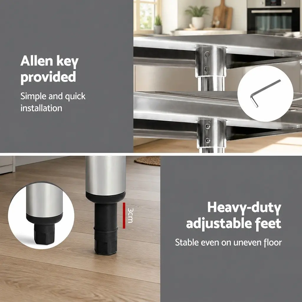 Stainless Steel Kitchen Work Bench Adjustable 1219x610mm Heavy-duty Commercial Food Prep