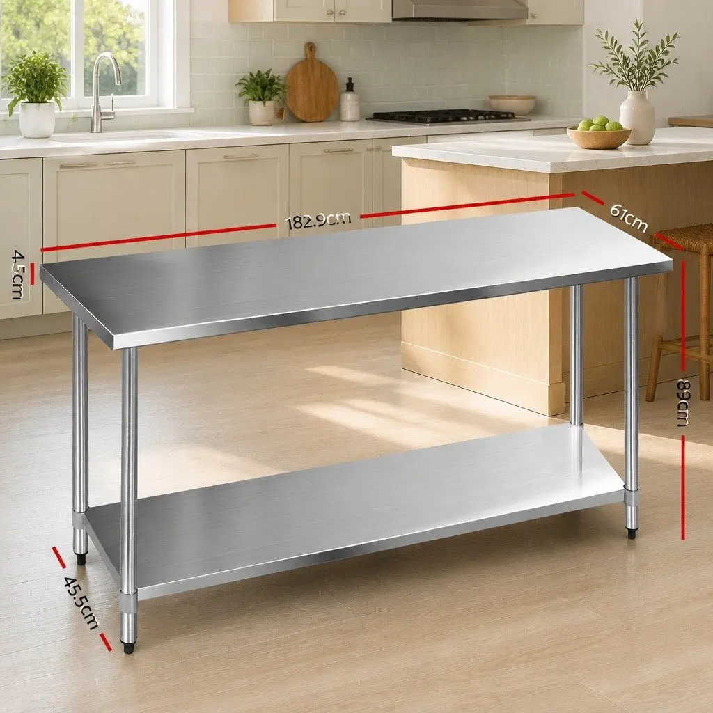 Stainless Steel Kitchen Bench Adjustable Under-Shelving 1829x610mm Silver
