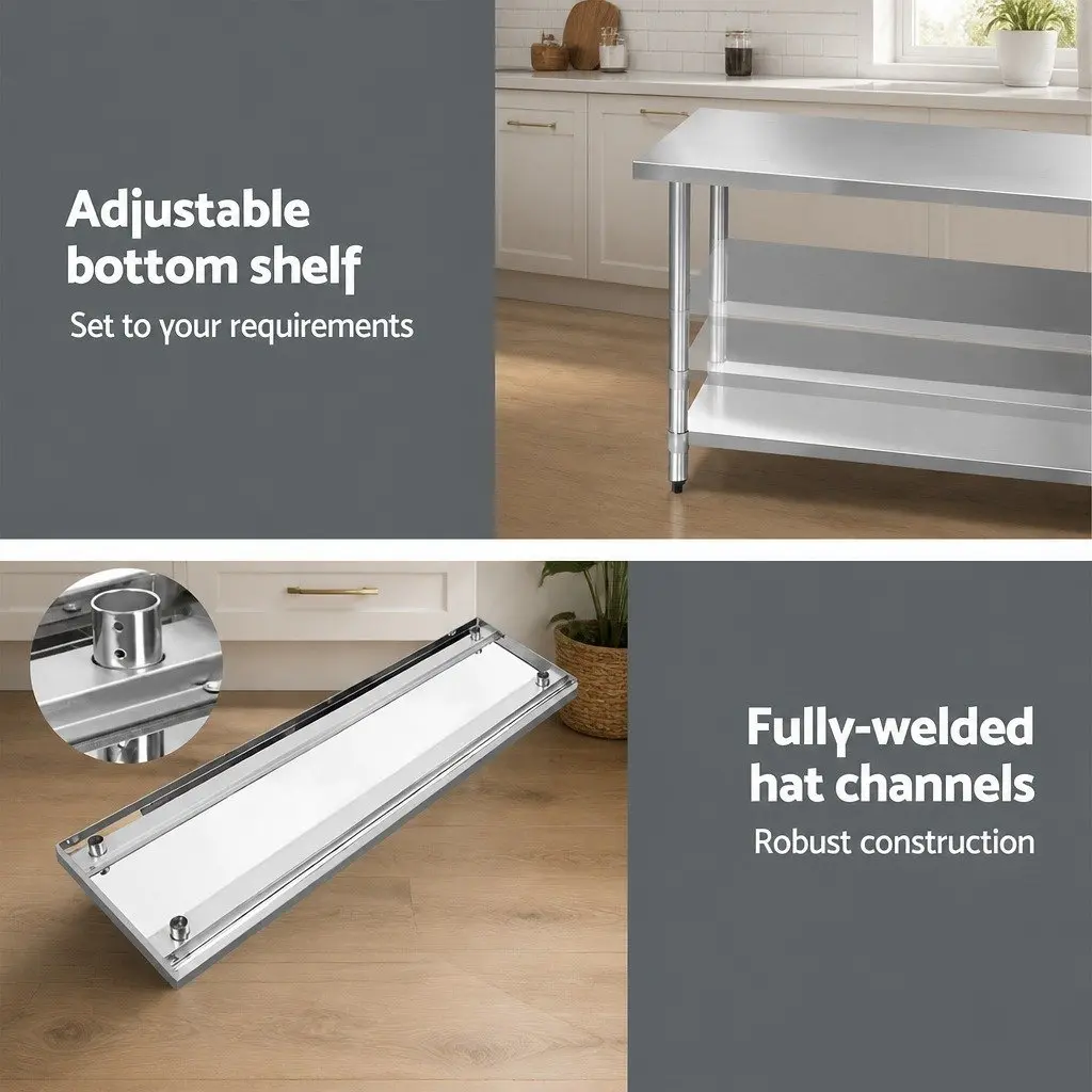 Stainless Steel Kitchen Bench Adjustable Under-Shelving 1829x610mm Silver