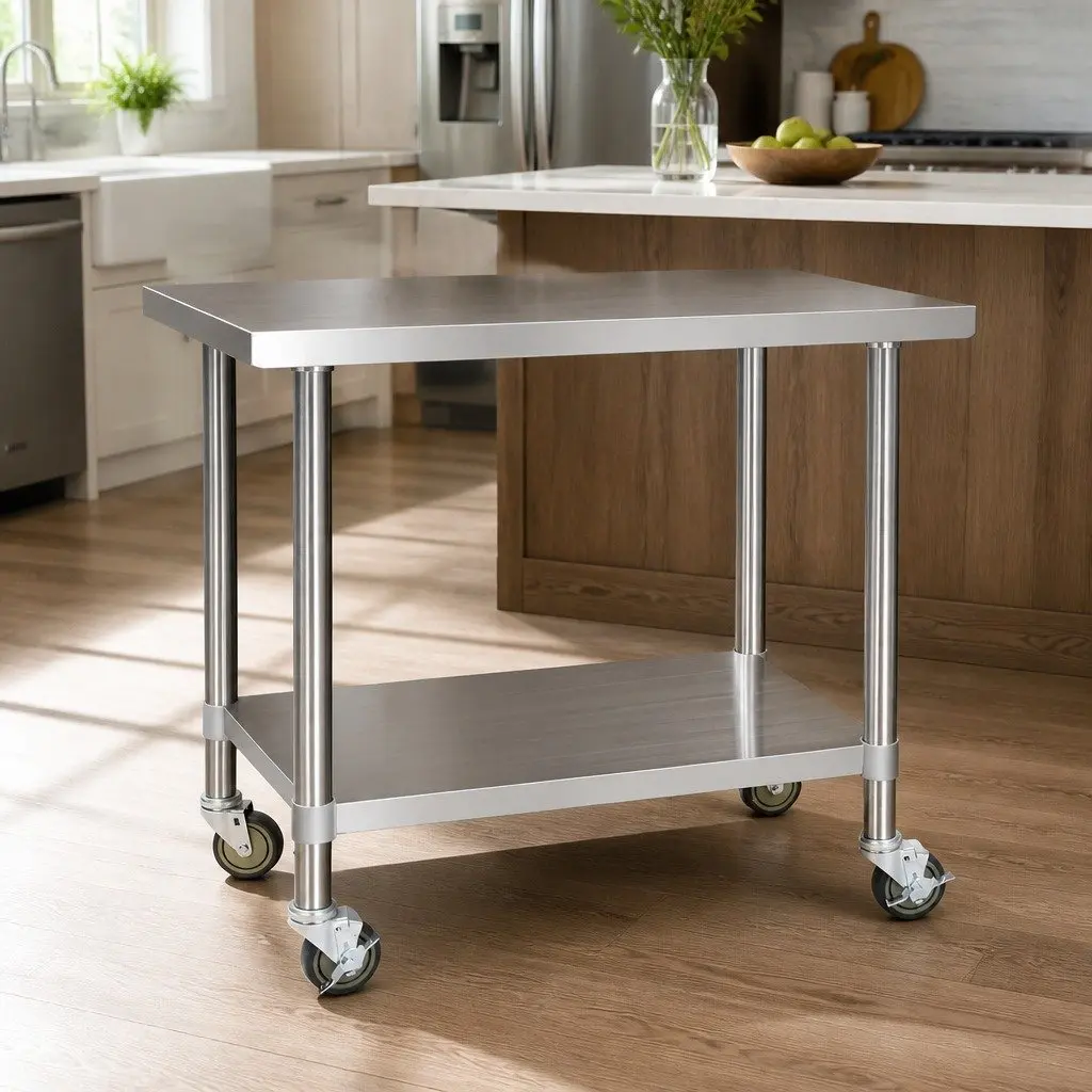 Stainless Steel Kitchen Work Bench Adjustable Shelving Lockable Wheels 1219mm x 610mm x 890mm Silver