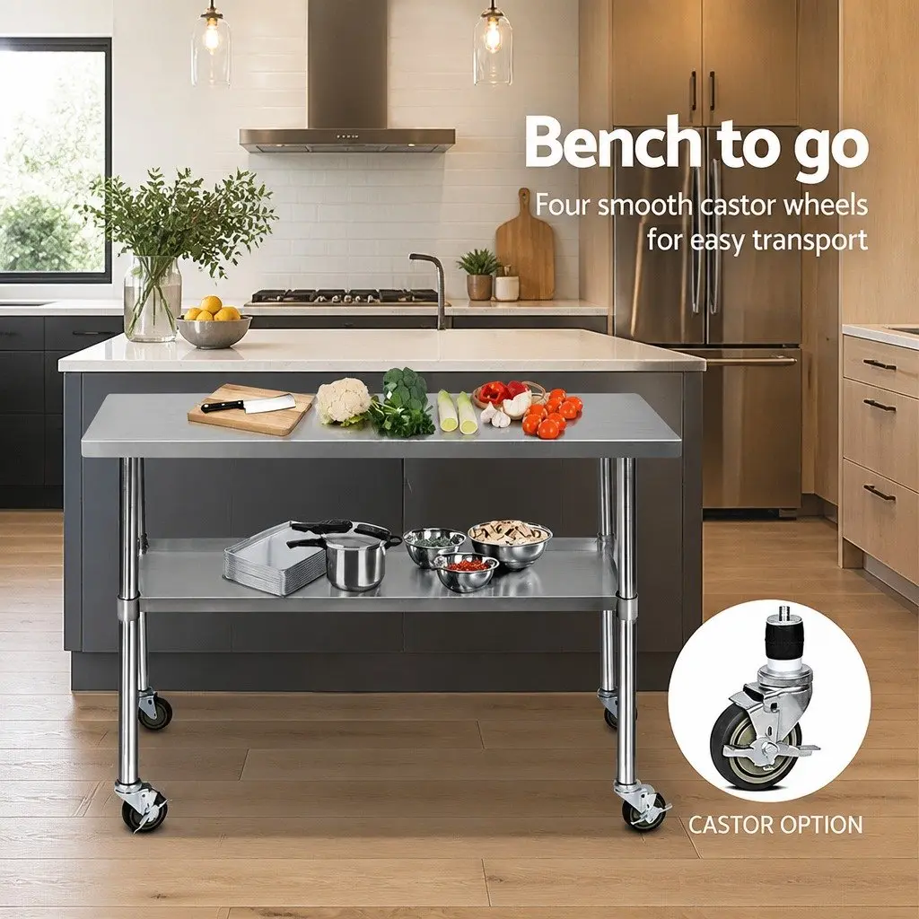 Stainless Steel Kitchen Work Bench Adjustable Shelving Lockable Wheels 1219mm x 610mm x 890mm Silver