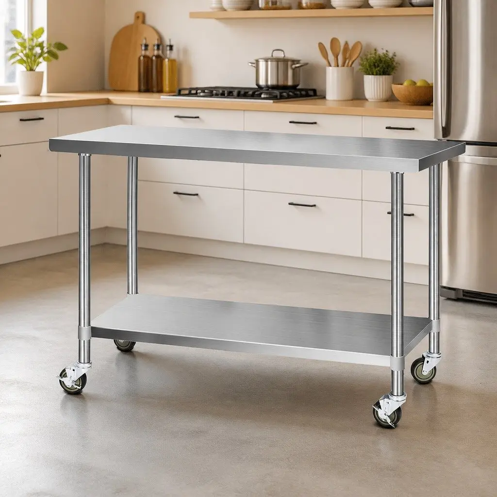 Stainless Steel Kitchen Workbench Adjustable Height Shelf Movable 1524x610mm Silver