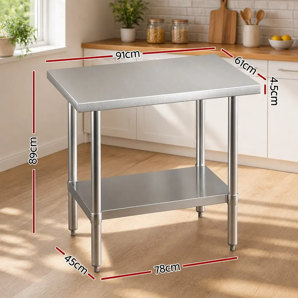 Stainless Steel Work Bench Adjustable Under-Shelf 910x610mm Silver