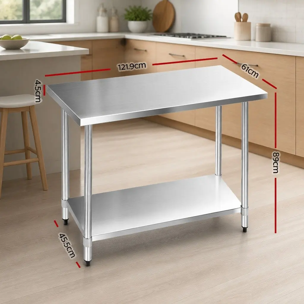Stainless Steel Work Bench Heavy Duty Adjustable Under-Shelving 1219x610mm Silver