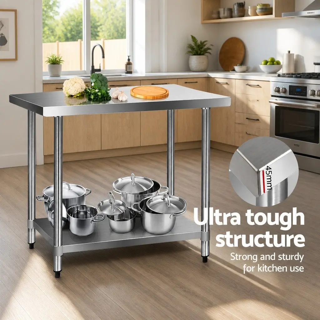 Stainless Steel Work Bench Heavy Duty Adjustable Under-Shelving 1219x610mm Silver
