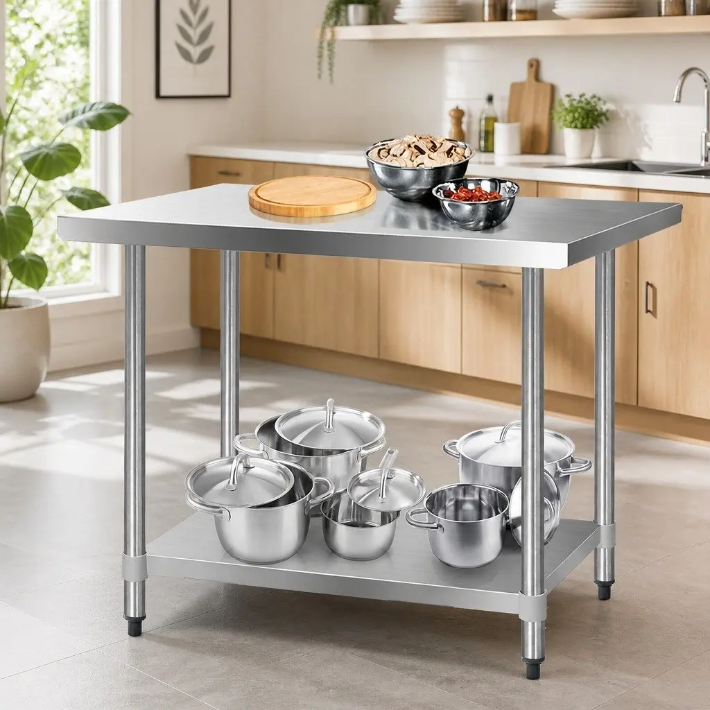 Stainless Steel Work Bench Heavy Duty Adjustable Under-Shelving 1219x610mm Silver