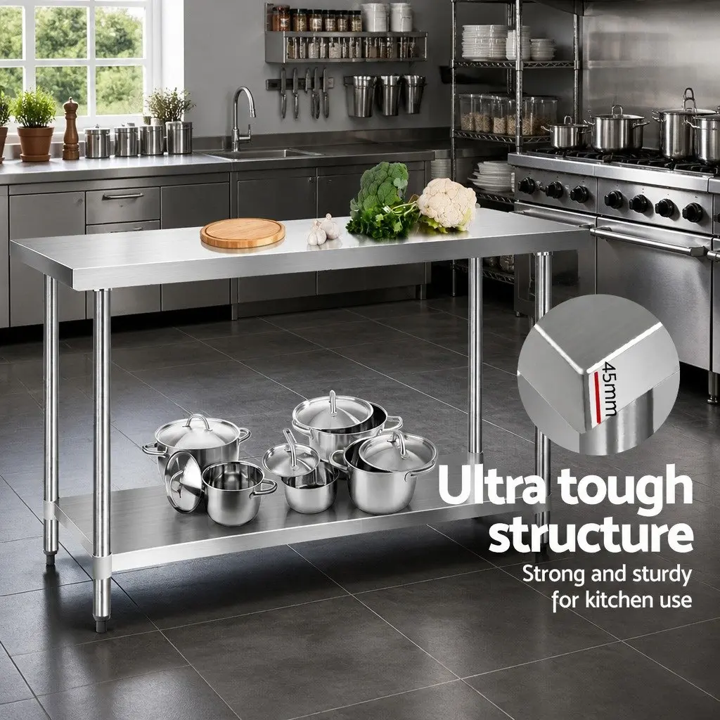 Stainless Steel Work Bench Adjustable Under-Shelving 1524x610mm Silver