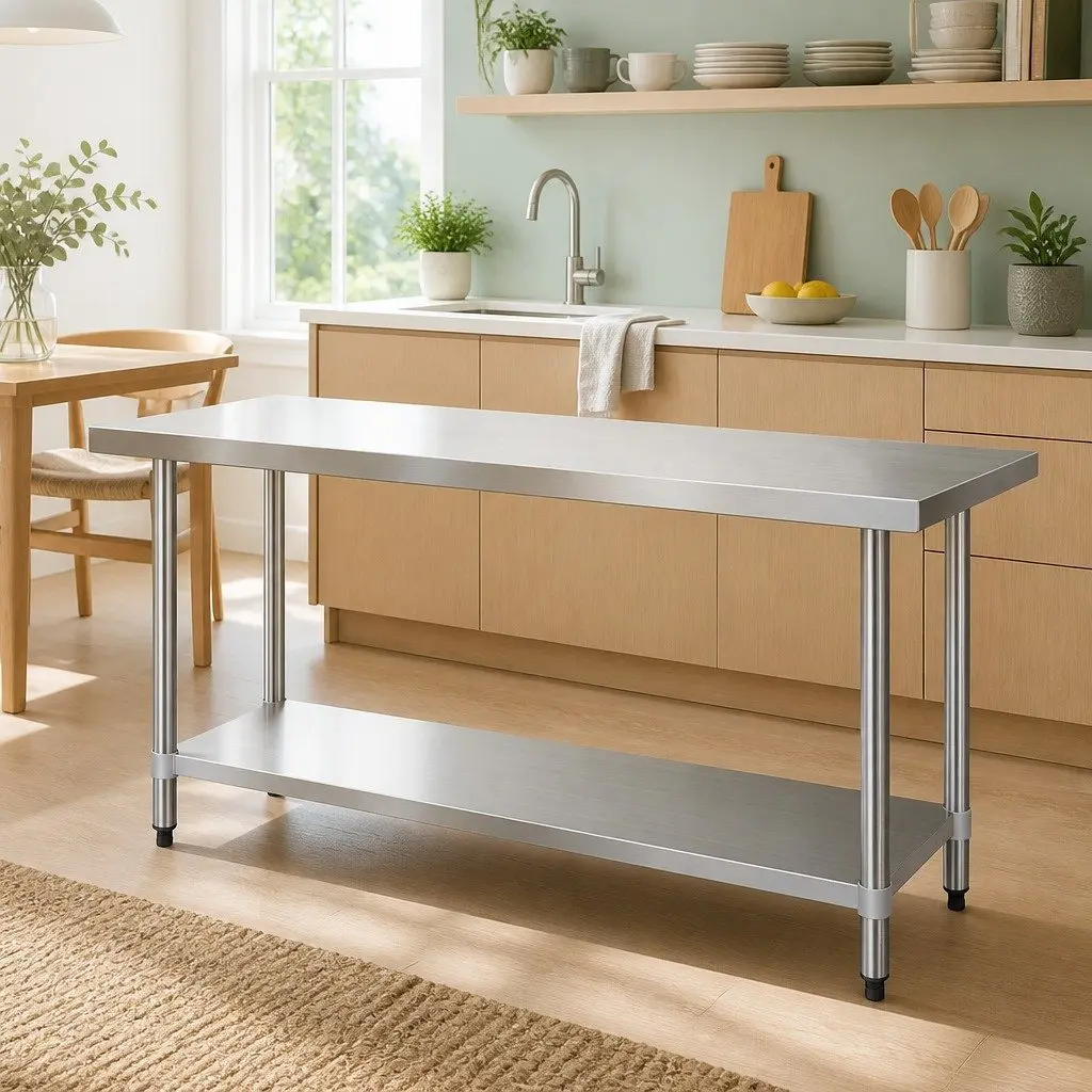 Stainless Steel Kitchen Work Bench Heavy Duty Adjustable Under-Shelf 1829x760mm Silver