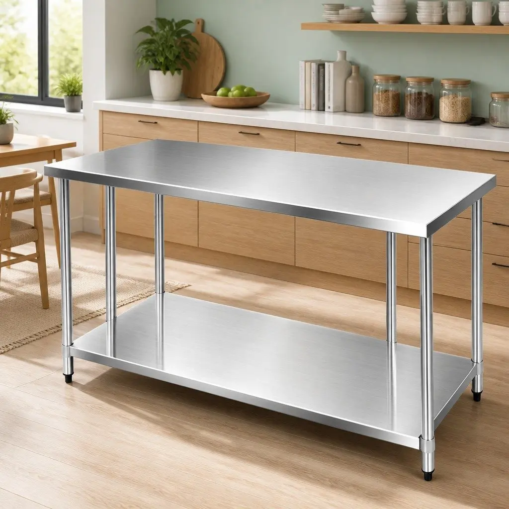 Stainless Steel Kitchen Work Bench Heavy Duty Adjustable Under-Shelf 1829x760mm Silver