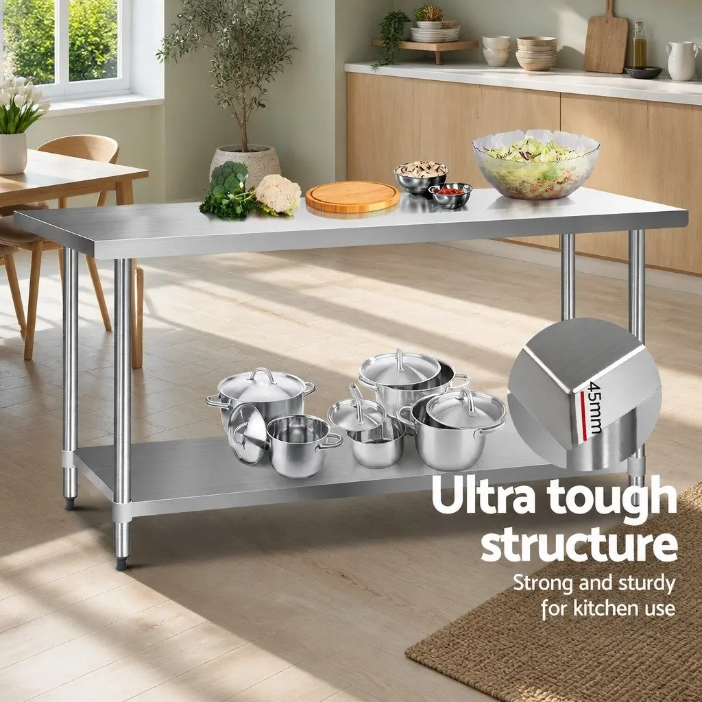 Stainless Steel Kitchen Work Bench Heavy Duty Adjustable Under-Shelf 1829x760mm Silver