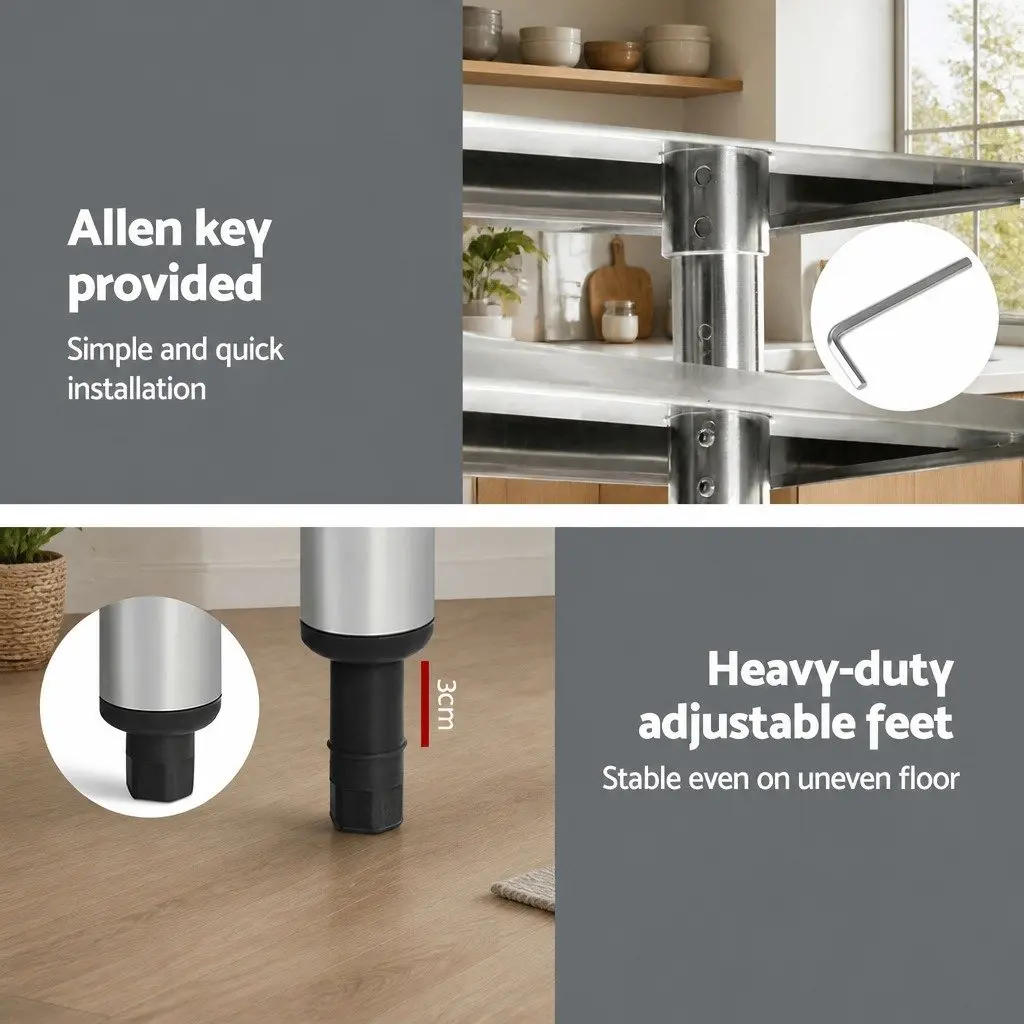 Stainless Steel Kitchen Work Bench Heavy Duty Adjustable Under-Shelf 1829x760mm Silver