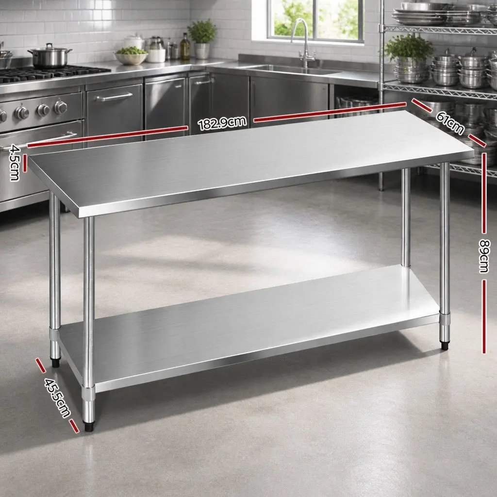 Stainless Steel Kitchen Work Bench Heavy Duty Adjustable Under-Shelving 1829x610mm Silver