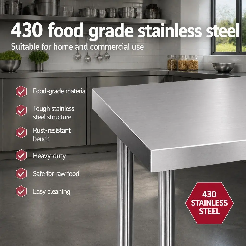 Stainless Steel Kitchen Work Bench Heavy Duty Adjustable Under-Shelving 1829x610mm Silver