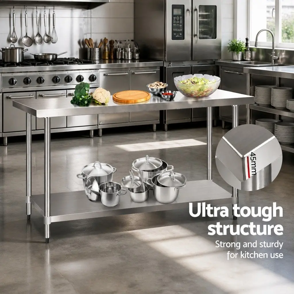 Stainless Steel Kitchen Work Bench Heavy Duty Adjustable Under-Shelving 1829x610mm Silver