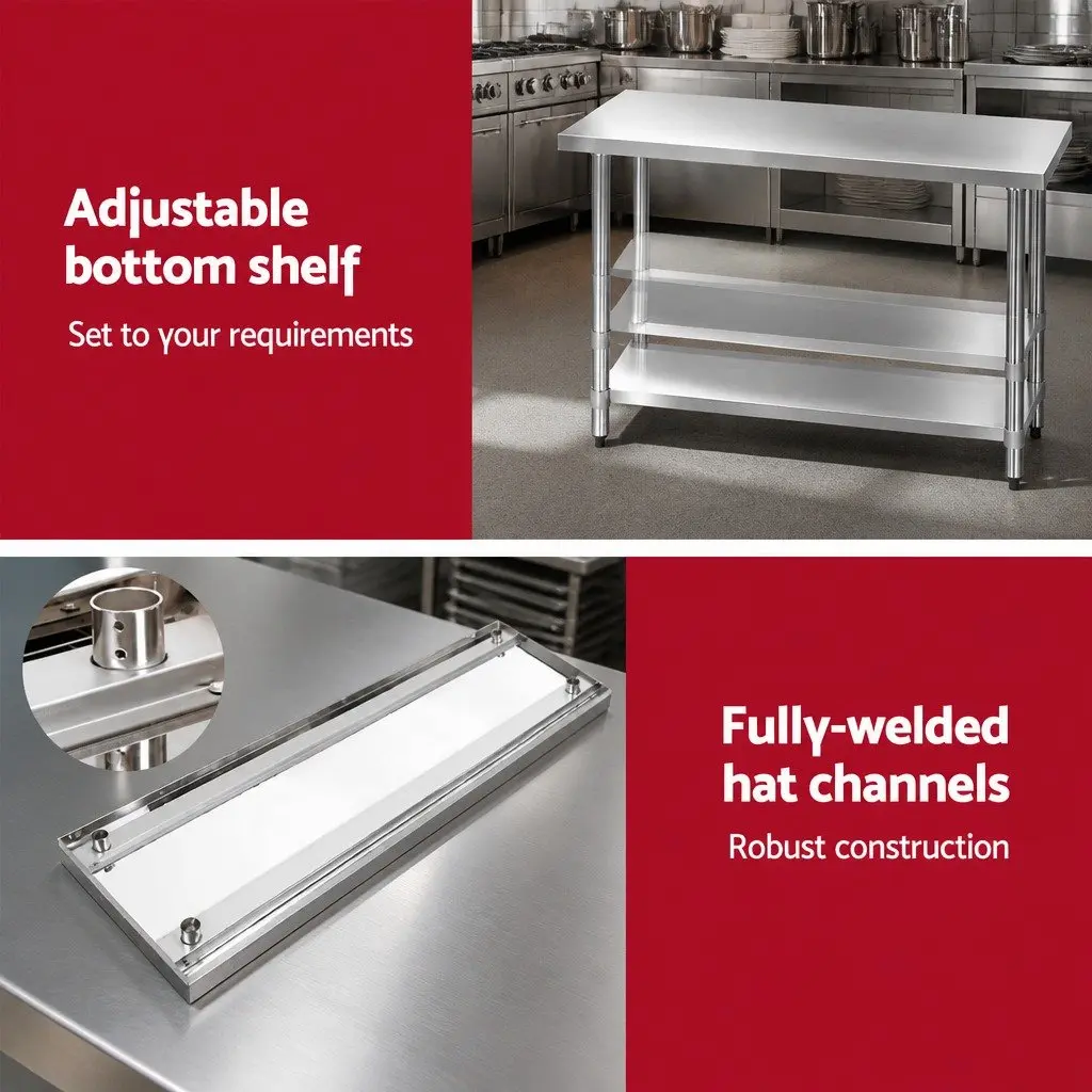 Stainless Steel Kitchen Work Bench Heavy Duty Adjustable Under-Shelving 1829x610mm Silver