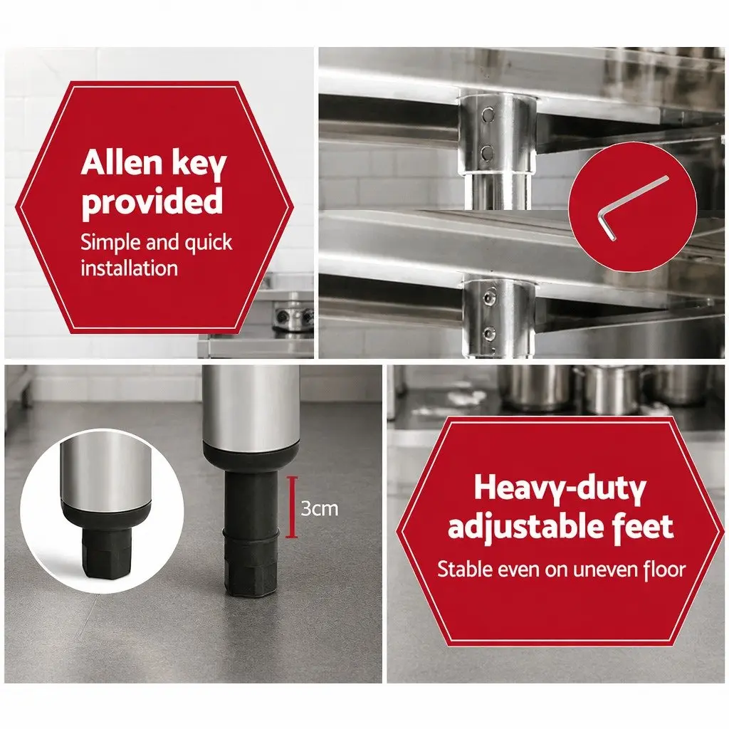 Stainless Steel Kitchen Work Bench Heavy Duty Adjustable Under-Shelving 1829x610mm Silver