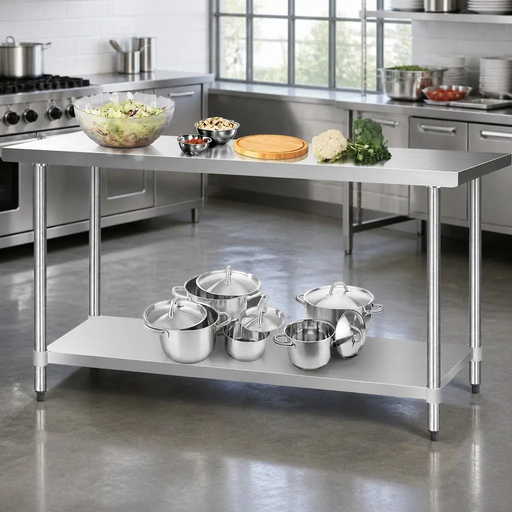 Stainless Steel Kitchen Work Bench Heavy Duty Adjustable Under-Shelving 1829x610mm Silver