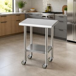 Stainless Steel Kitchen Work Bench with Wheels and Adjustable Shelf