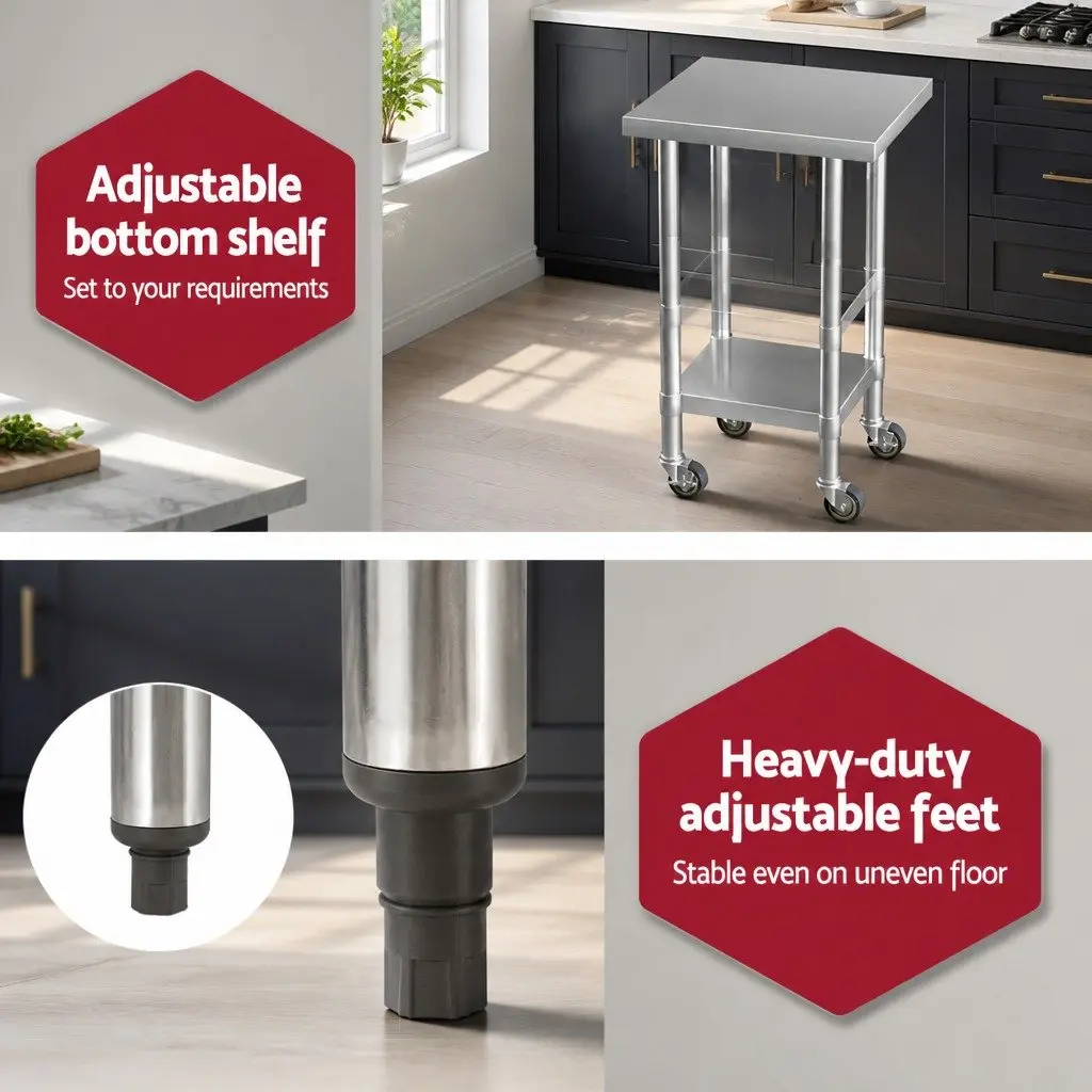 Stainless Steel Kitchen Work Bench Mobile Adjustable Shelf 61x46cm Silver