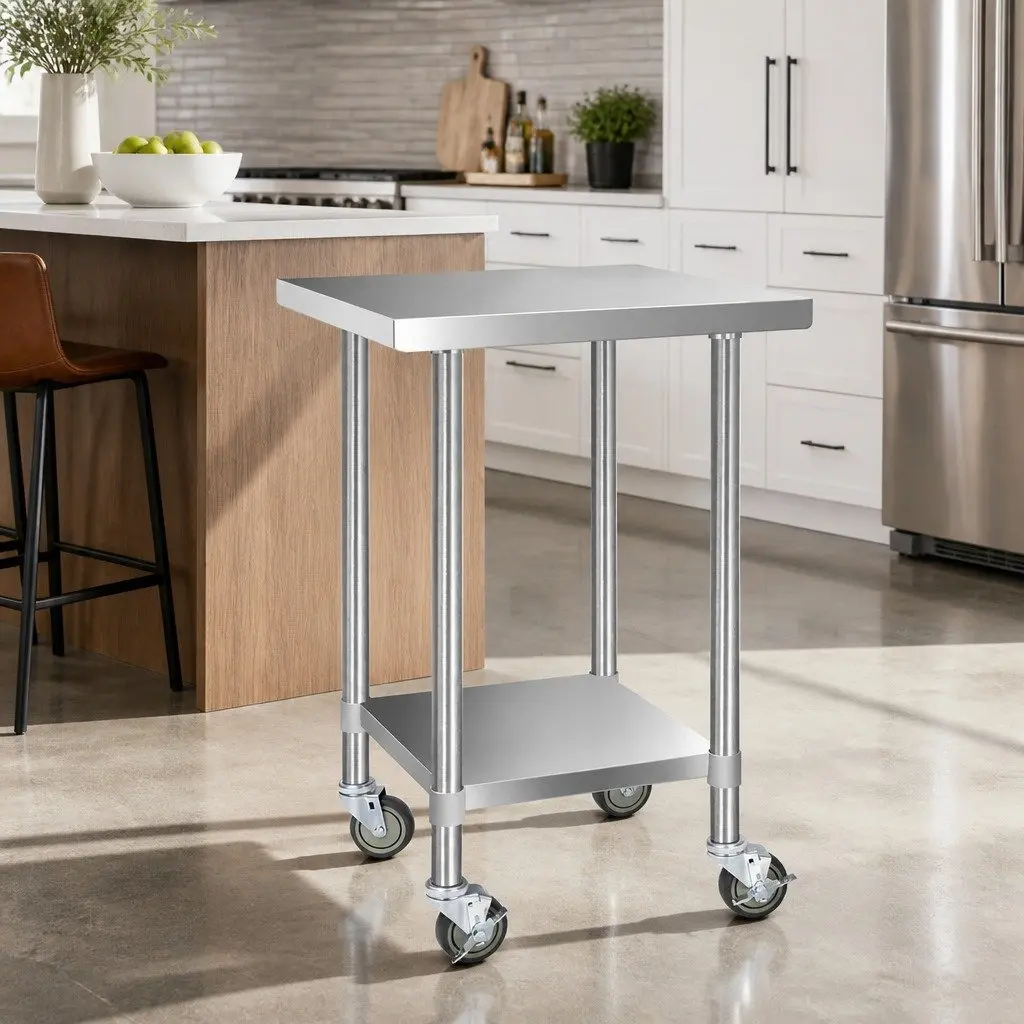 Stainless Steel Workbench Mobile Trolley 610x610mm with Lockable Castor Wheels and Adjustable Under-shelf for Kitchen and Commercial Use